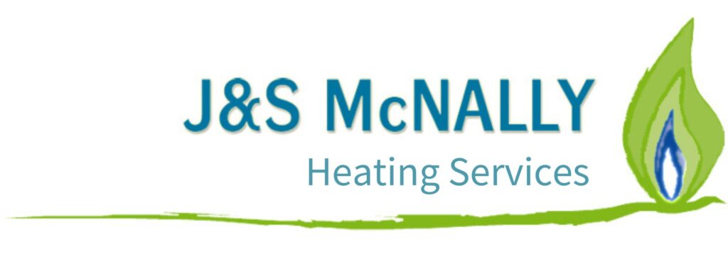 J&S McNally Heating Services Logo with green and blue flame.